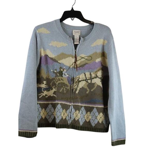 Womens M Vintage Horse Wagon‎ Sweater Cardigan by Monterey Koret Zip Western - Picture 1 of 3